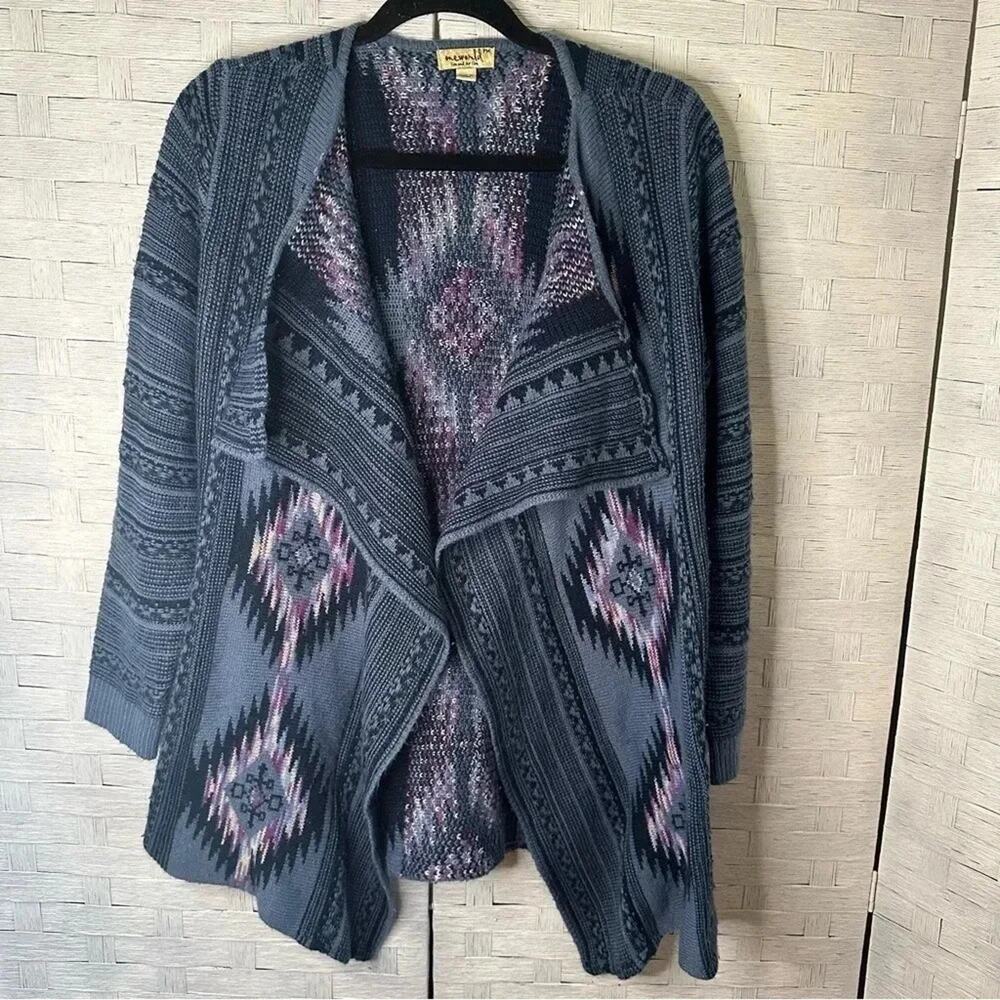 One World Womens Aztech Southwest cardigan blue & purple open front Bohemian